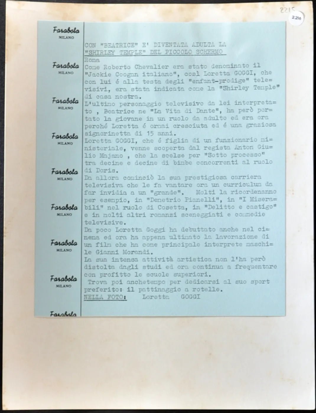 Loretta Goggi 1965 Ft 2216 - Stampa 21x27 cm - Farabola Stampa ai sali d'argento