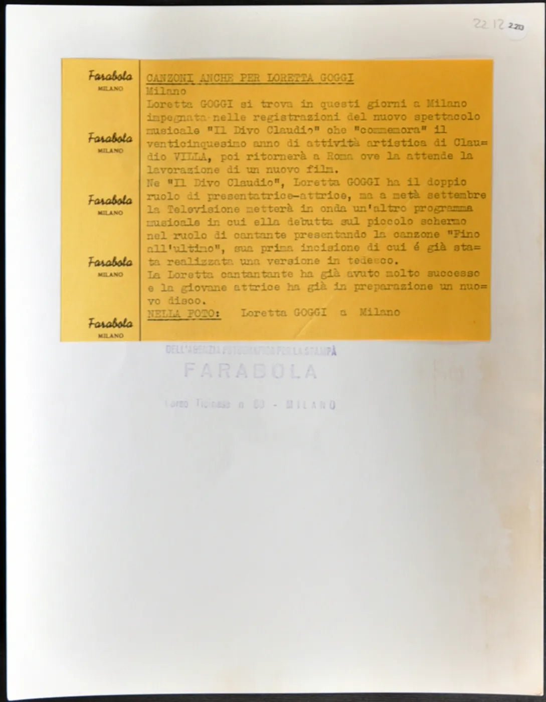 Loretta Goggi 1969 Ft 2213 - Stampa 21x27 cm - Farabola Stampa ai sali d'argento