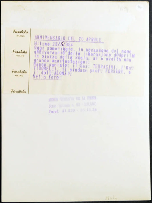 Anniversario Liberazione Milano 1954 Ft 1234 - Stampa 24x18 cm - Farabola Stampa ai sali d'argento