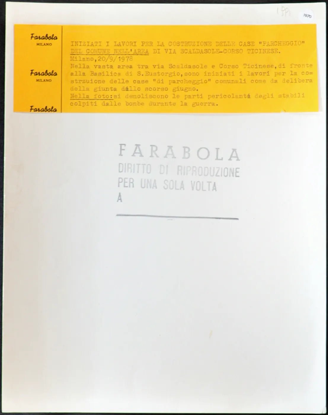 Lavori in Corso Ticinese Milano 1978 Ft 1970 - Stampa 21x27 cm - Farabola Stampa ai sali d'argento