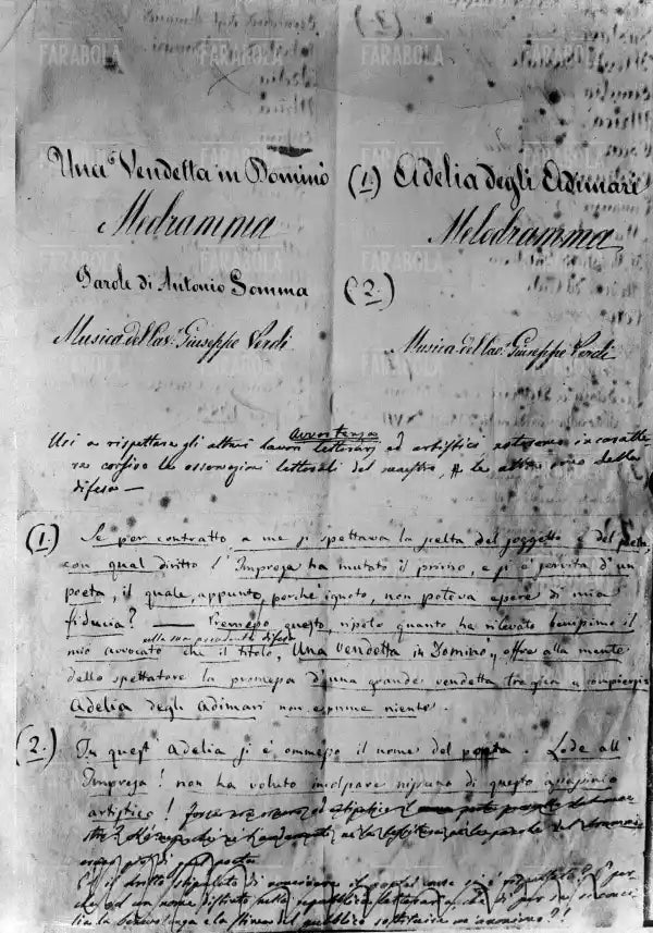Scritto di Giuseppe Verdi su Una vendetta in dominò e Adelia degli Adimari, XIX secolo