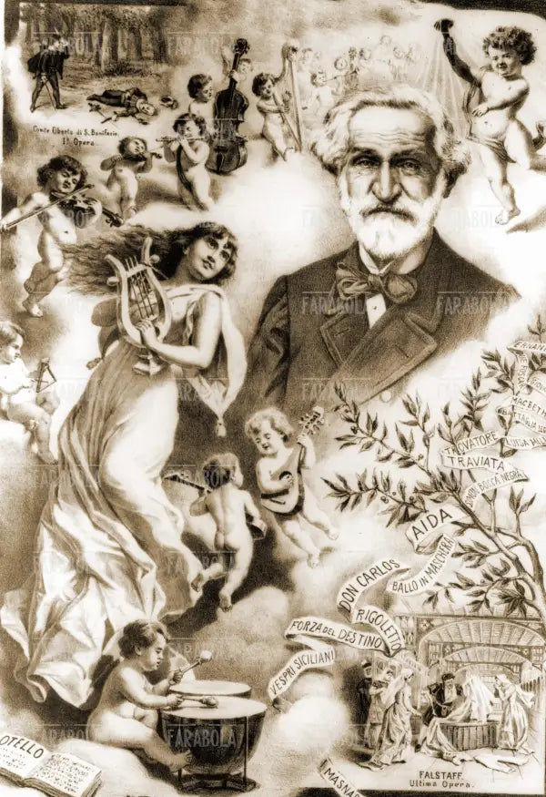 Ritratto di Giuseppe Verdi con i titoli delle sue opere, XIX secolo