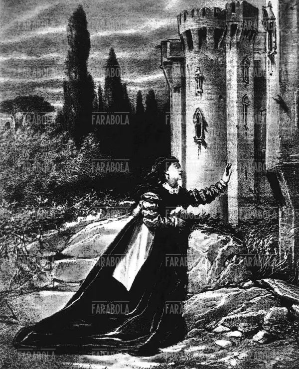 Stampa della prima edizione con una scena de Il trovatore di Giuseppe Verdi, XIX secolo