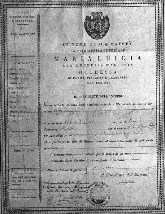 Lasciapassare di Maria Luigia d'Austria per Giuseppe Verdi studente, Milano, 1832