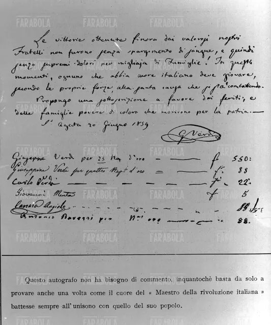 Scritto autografo di Giuseppe Verdi per una sottoscrizione per i feriti, 1859
