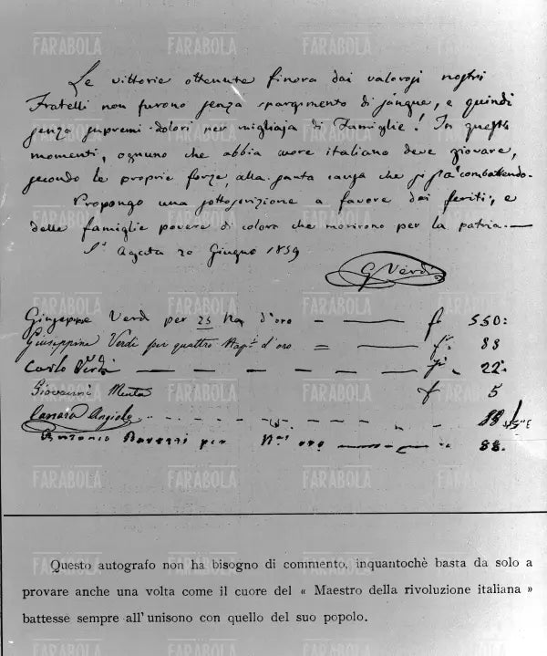 Scritto autografo di Giuseppe Verdi per una sottoscrizione per i feriti, 1859