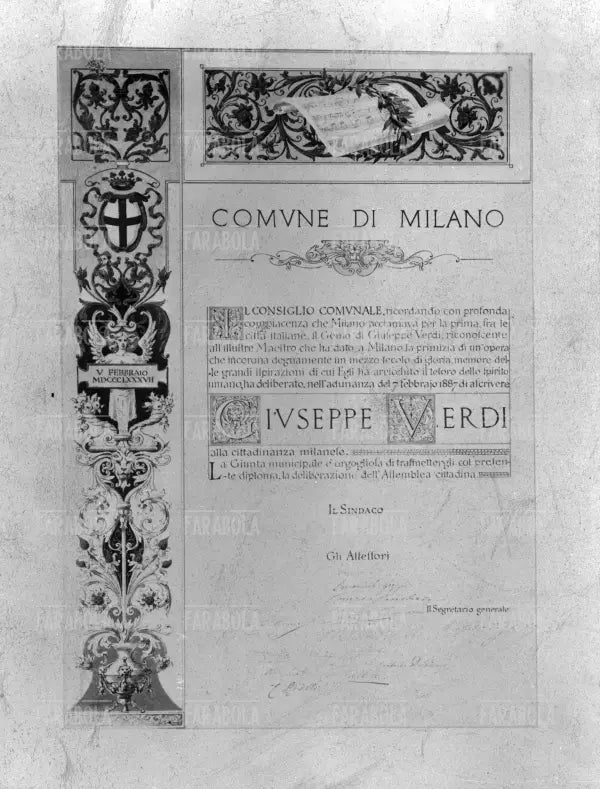 Attestato di cittadinanza milanese a Giuseppe Verdi, Milano, 1887