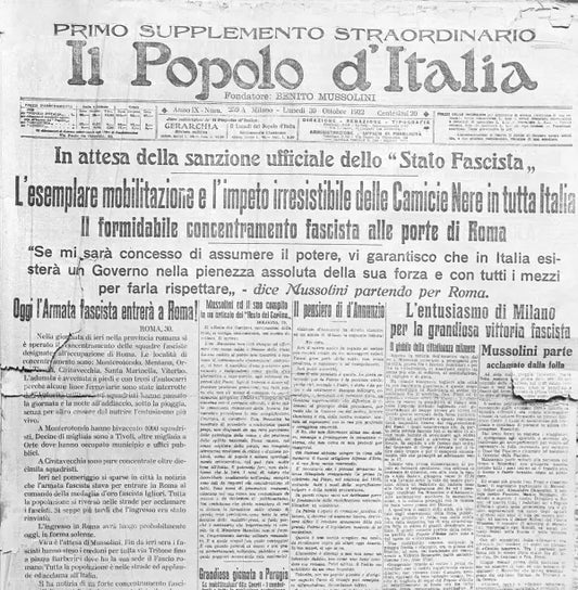 Numero del Il Popolo d'Italia con la notizia della partenza di Mussolini per Roma, 1922