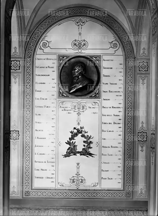 Lapide con i titoli delle opere di Giuseppe Verdi, Casa di Riposo per Musicisti, Milano, 1950
