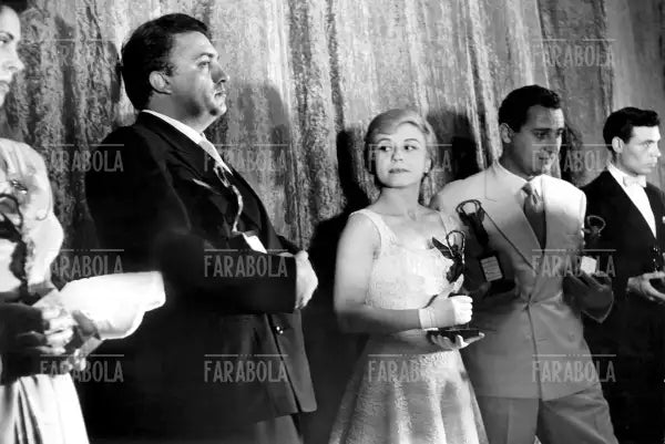 Giulietta Masina, Federico Fellini, Alberto Sordi e Valentina Cortese, Roma, 1955