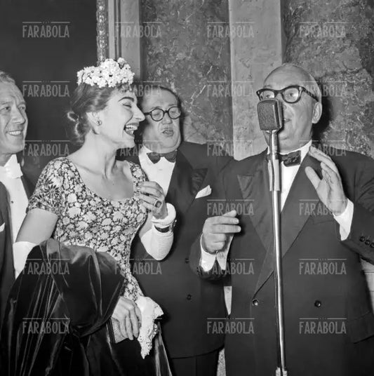Maria Callas, Dino Falconi e Orio Vergani al Dopo Scala, Prima della Scala con Norma, Milano, 1955