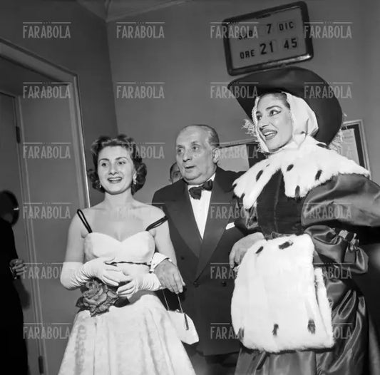 Maria Callas e il marito Giovanni Battista Meneghini, Prima della Scala con Un ballo in maschera, Milano, 1957