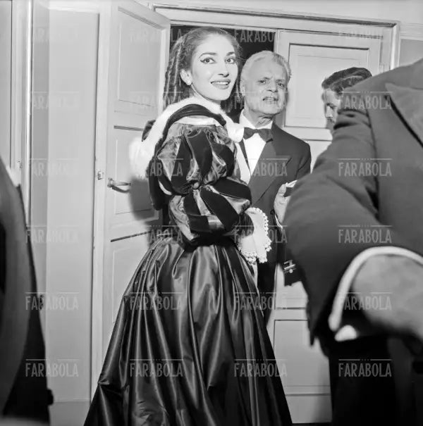 Maria Callas e Antonio Ghiringhelli, Prima della Scala con Un ballo in maschera, Milano, 1957