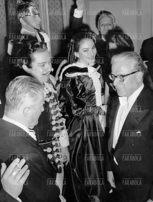 Maria Callas, Giuseppe Di Stefano e Giovanni Gronchi, Prima della Scala con Un ballo in maschera, Milano, 1957