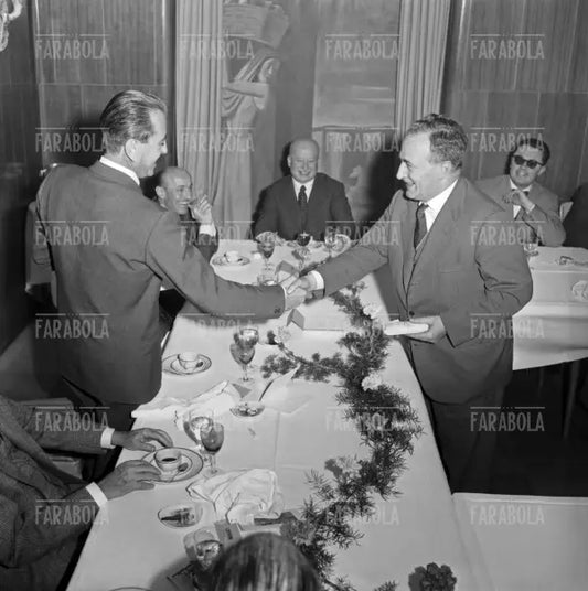 Aldo Borletti e Giorgio Brustio, pranzo della Rinascente, Milano, 1959