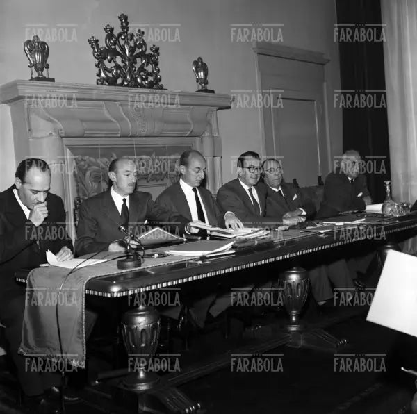 Giorgio e Cesare Brustio, Aldo Borletti ed Ezio Vigorelli a una riunione della Rinascente, Milano, 1959