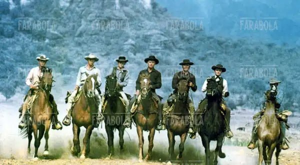 Steve McQueen, James Coburn, Horst Buchholz, Yul Brynner, Brad Dexter, Robert Vaughn e Charles Bronson, Film I magnifici sette, 1960