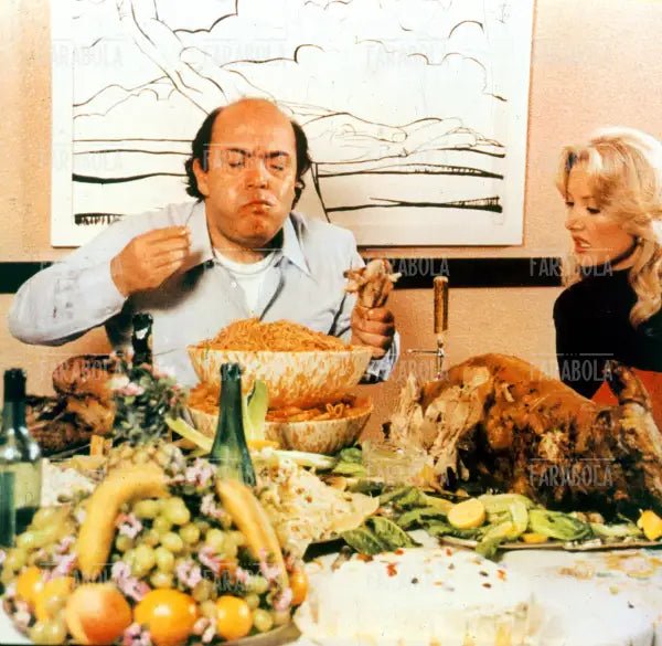 Lino Banfi e Barbara Bouchet, film Spaghetti a mezzanotte, 1981
