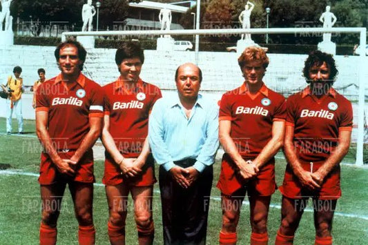 Lino Banfi con i calciatori della Roma, film L'allenatore nel pallone, 1984
