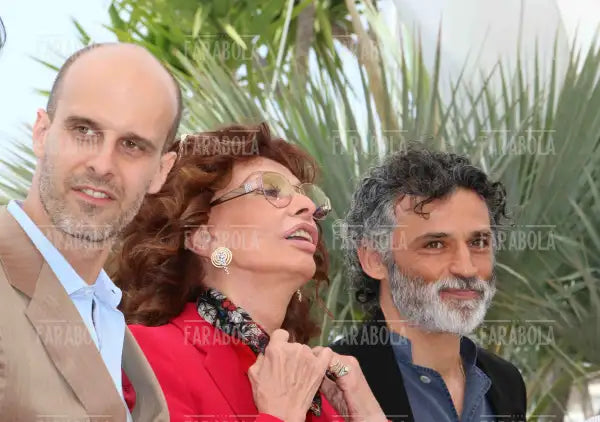 Sophia Loren, Edoardo Ponti ed Enrico Lo Verso, Photocall del film La voce umana, Festival di Cannes, 2014