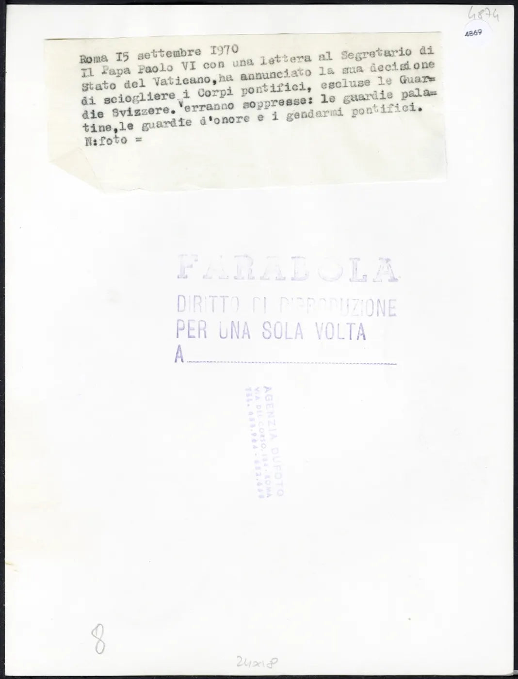 Vaticano Gendarmi Pontifici 1970 Ft 4869 - Stampa 24x18 cm