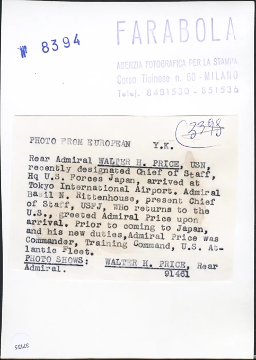 Ammiraglio Walter H. Price 1961 Ft 37135 - Stampa 10x12 cm - Farabola Stampa ai sali d'argento