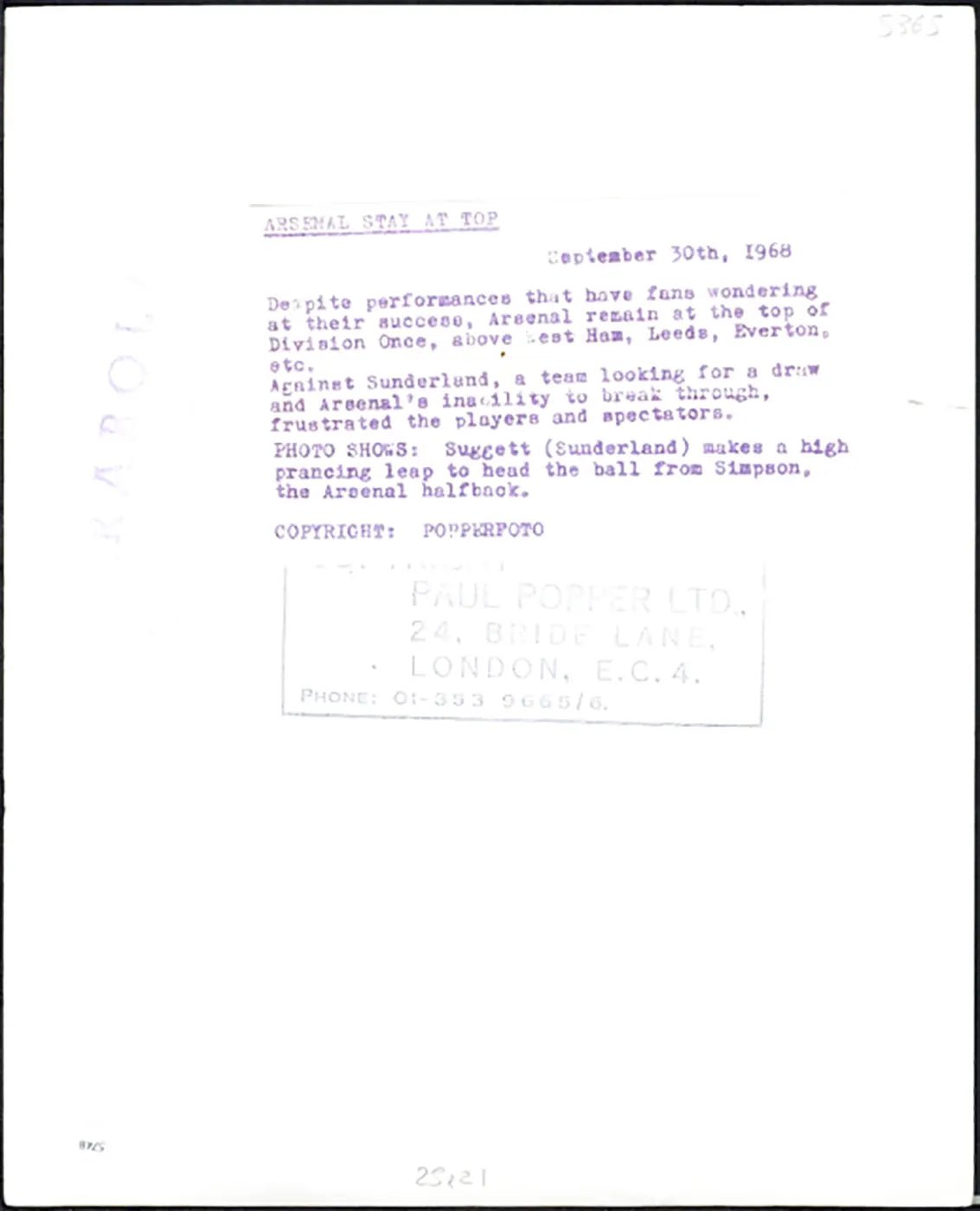 Arsenal vs Sunderland 1968 Ft 5748 - Stampa 20x25 cm - Farabola Stampa ai sali d'argento