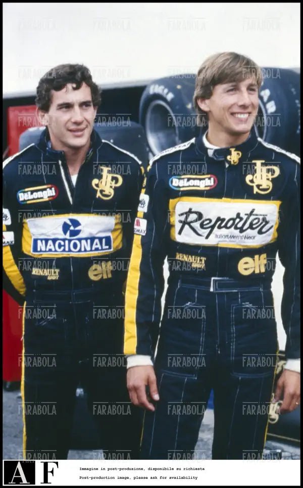 Ayrton Senna e Johnny Dumfries, piloti Lotus, 1986 - Farabola Immagine digitale
