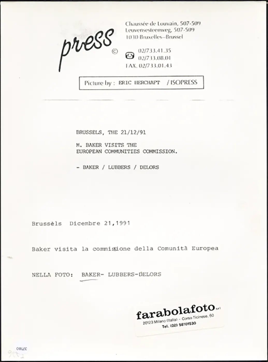 Baker Lubbers e Delors 1991 Ft 37180 - Stampa 24x18 cm - Farabola Stampa ai sali d'argento