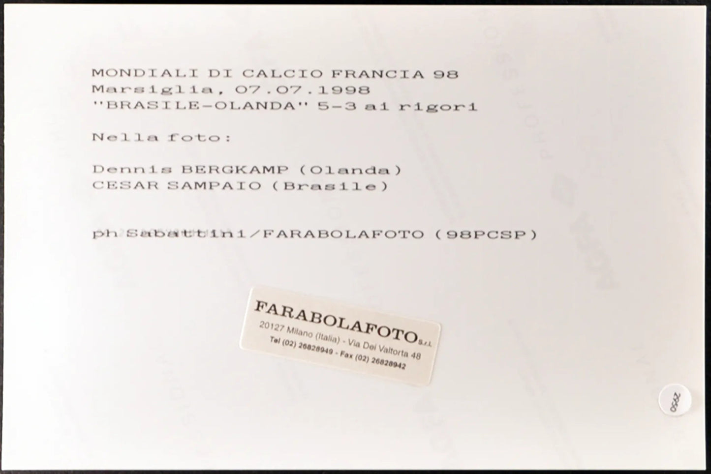 Bergkamp e Sampaio Mondiali Francia 98 Ft 2950 - Stampa 20x15 cm - Farabola Stampa ai sali d'argento
