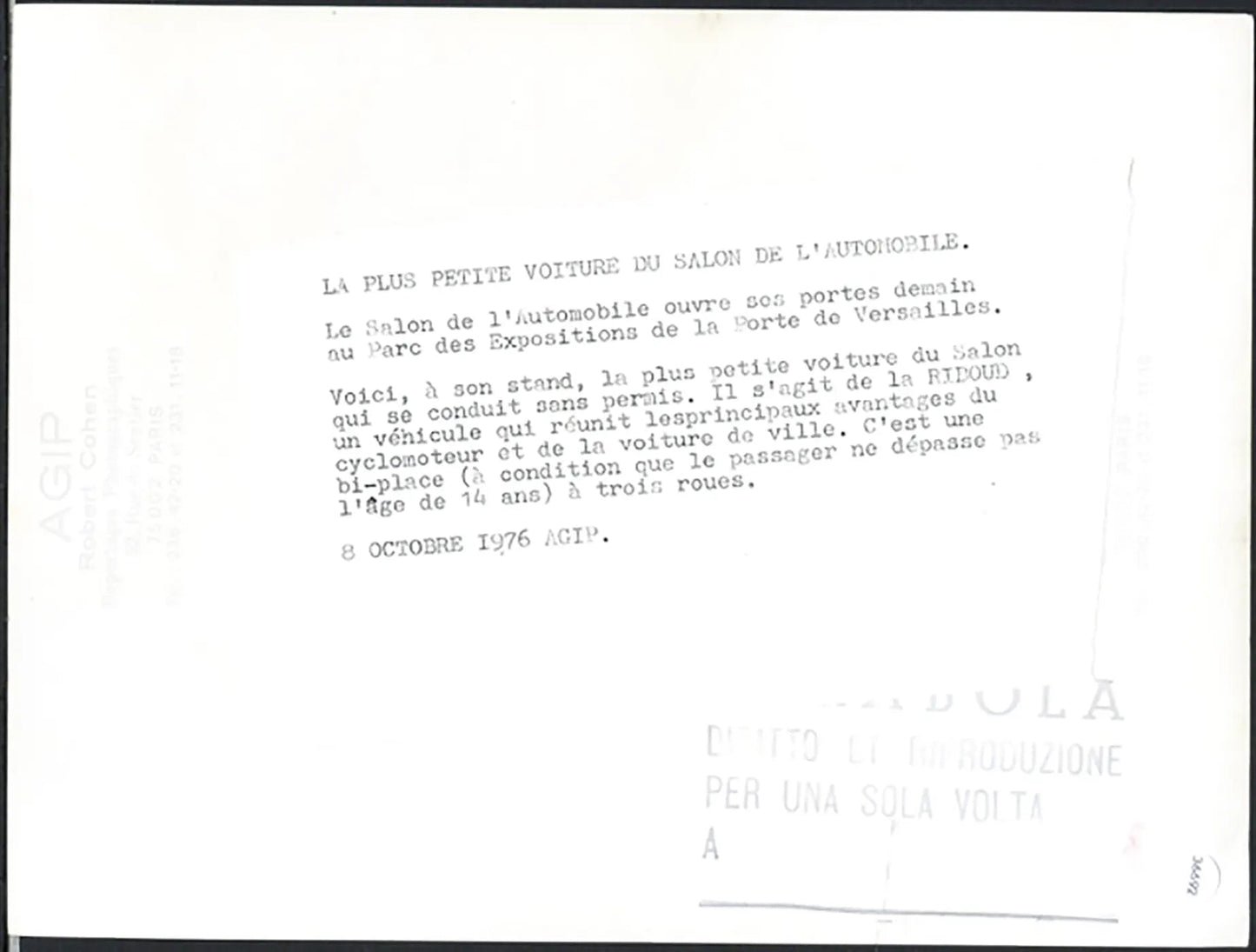 Biposto Riboud Salone Auto Parigi 1976 Ft 36692 - Stampa 24x18 cm - Farabola Stampa ai sali d'argento