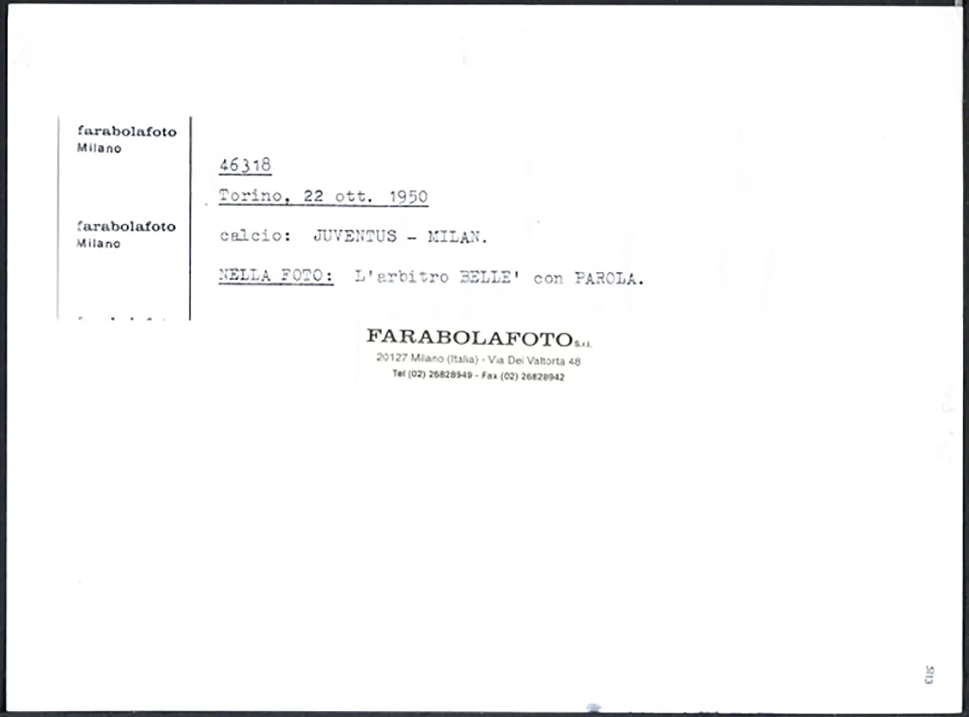 Calcio Arbitro Bellé e Parola 1950 Ft 5113 - Stampa 24x18 cm - Farabola Stampa ai sali d'argento (anni 90)