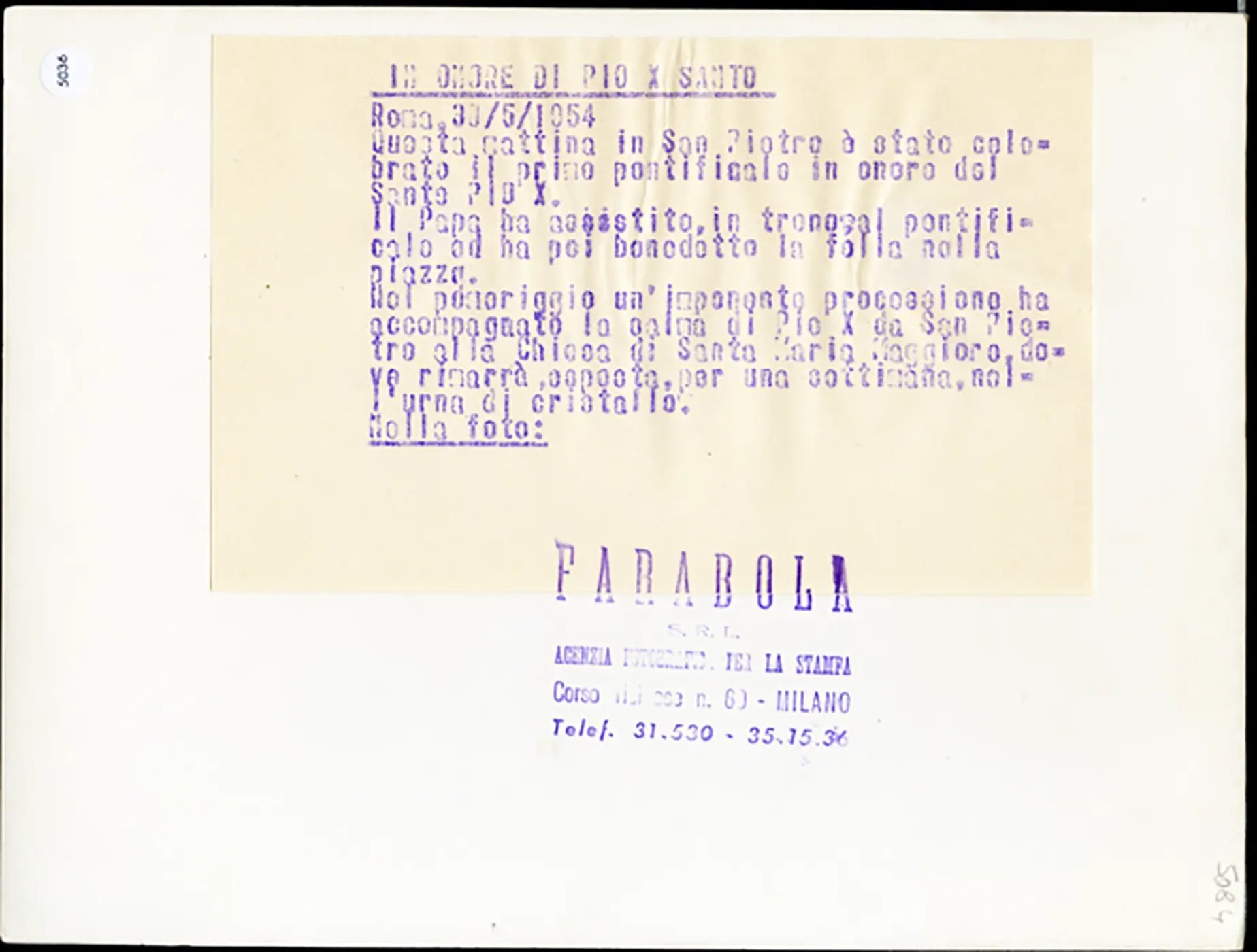 Celebrazione in onore di San Pio X 1954 Ft 5036 - Stampa 24x18 cm - Farabola Stampa ai sali d'argento