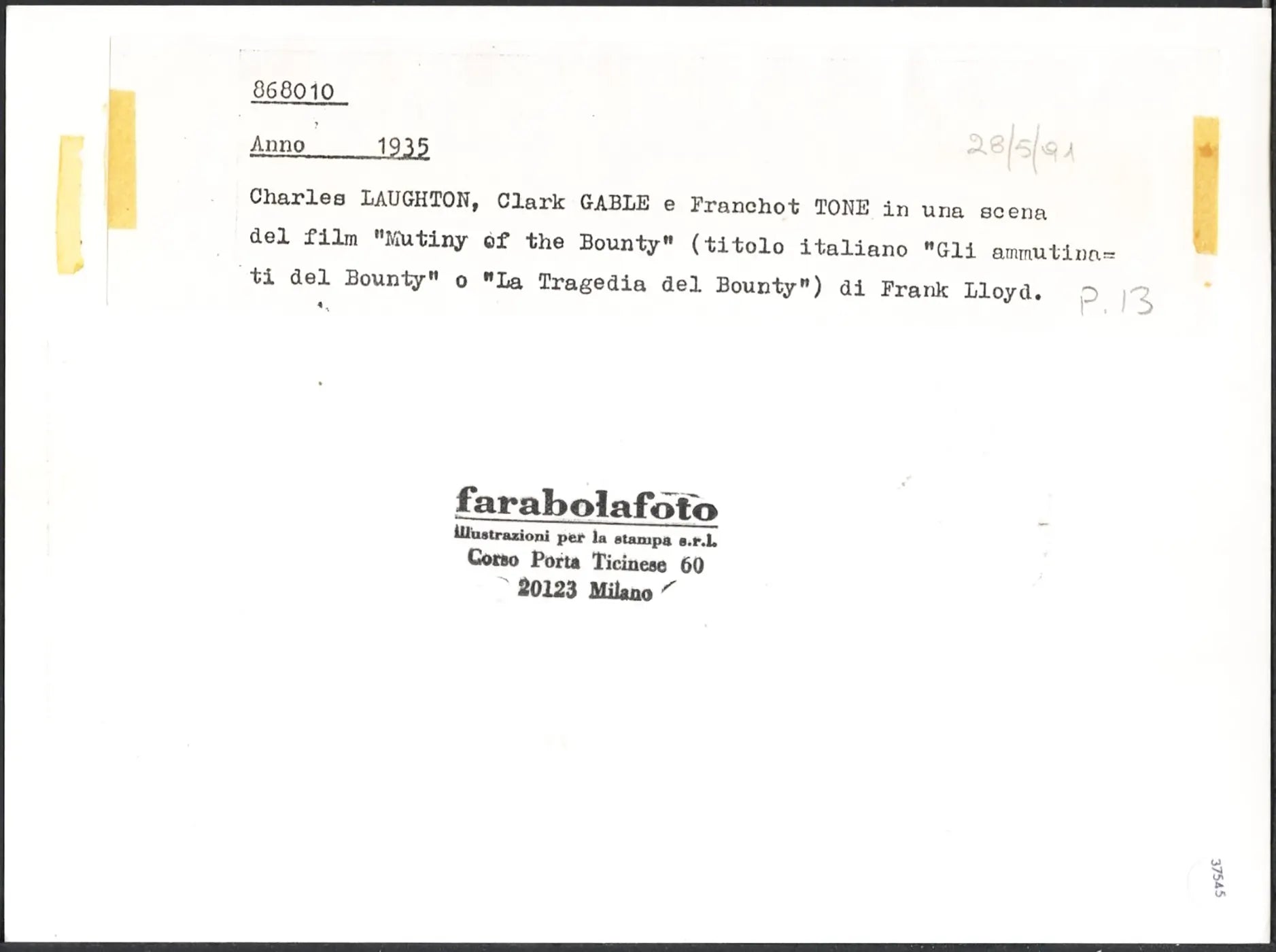 Charles Laughton Clark Gable 1935 Ft 37545 - Stampa 24x18 cm - Farabola Stampa ai sali d'argento (anni 90)