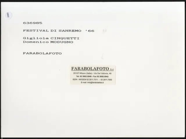 Cinquetti e Modugno Sanremo 1966 Ft 35811 - Stampa 24x18 cm - Farabola Stampa ai sali d'argento (anni 90)