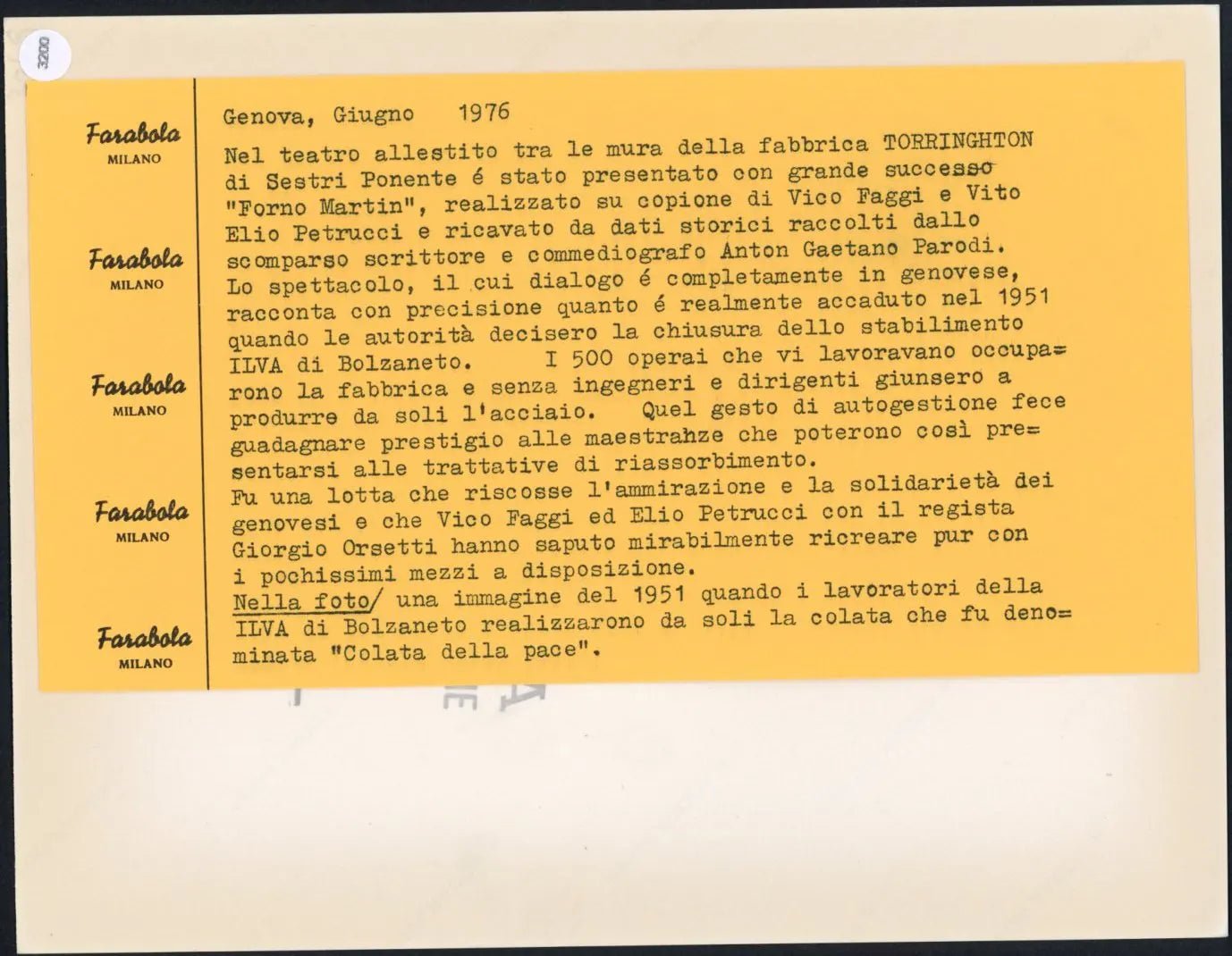 Colata della pace all'Illva di Bolzaneto 1951 Ft 3200 - Stampa 24x18 cm - Farabola Stampa ai sali d'argento