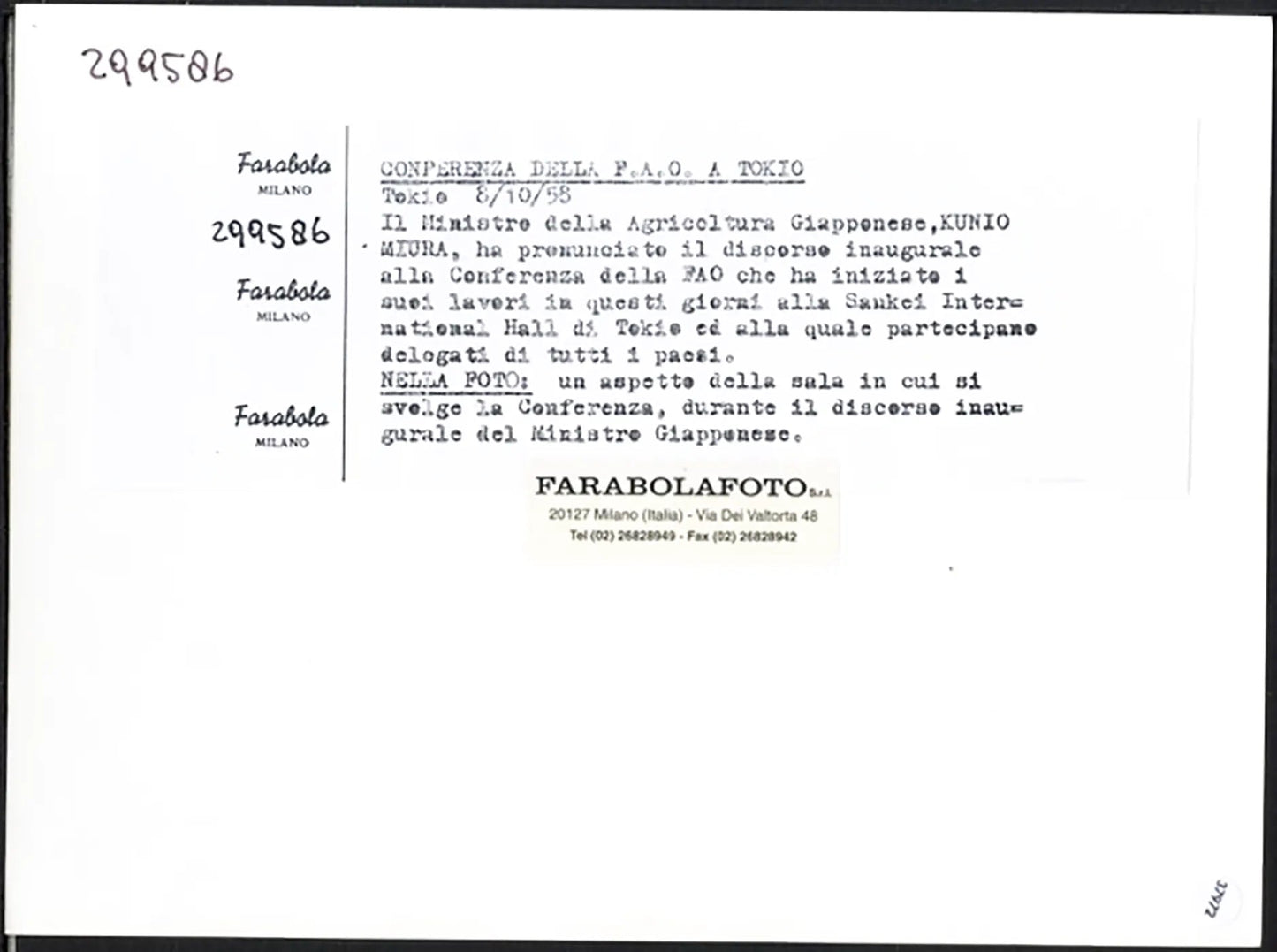 Conferenza FAO a Tokyo 1958 Ft 37972 - Stampa 24x18 cm - Farabola Stampa ai sali d'argento (anni 90)