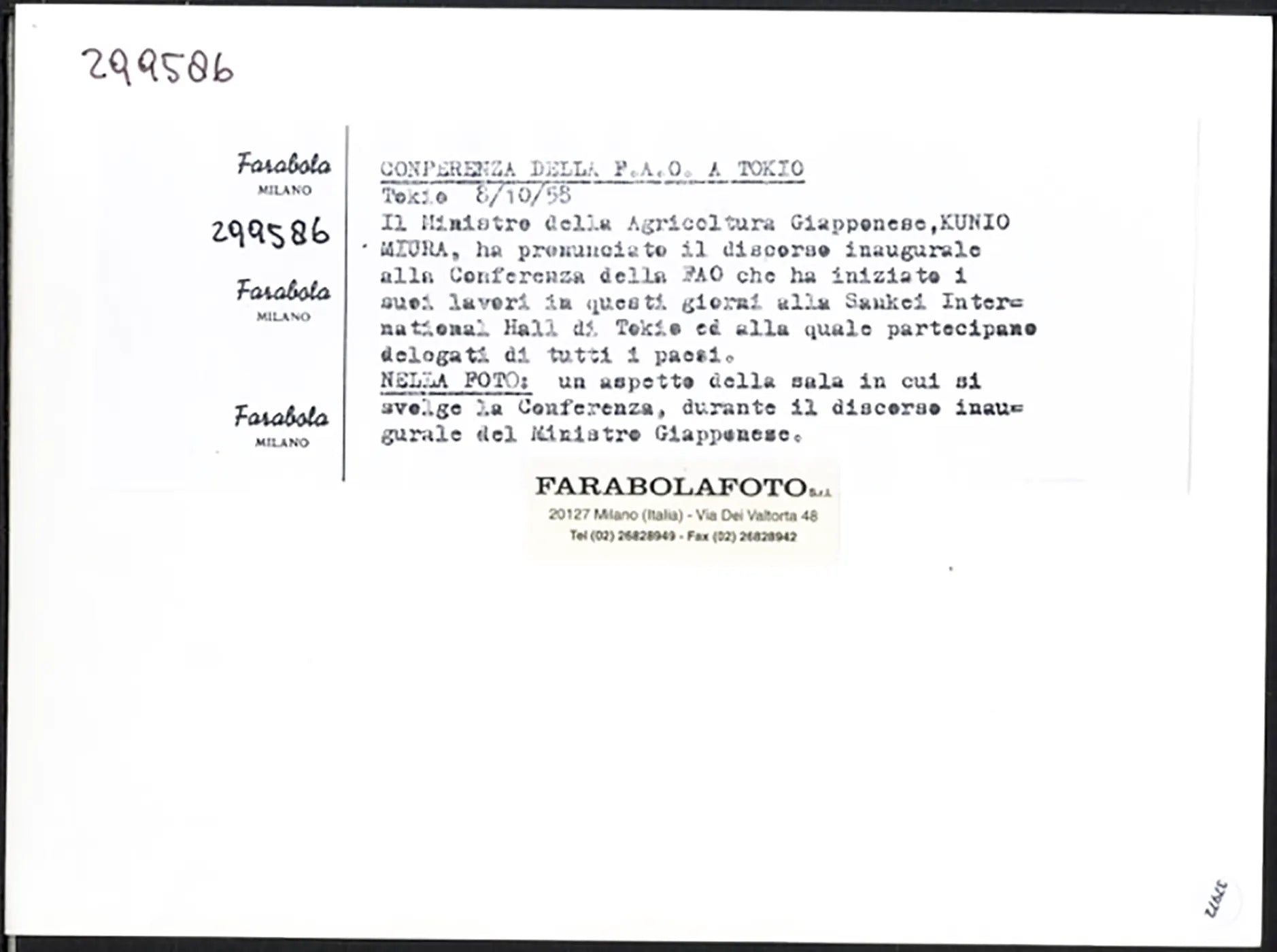 Conferenza FAO a Tokyo 1958 Ft 37972 - Stampa 24x18 cm - Farabola Stampa ai sali d'argento (anni 90)