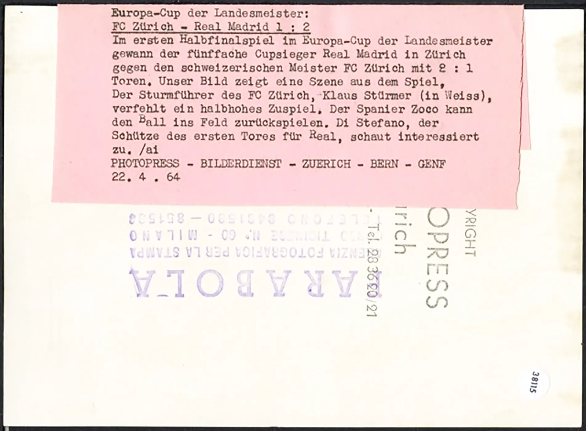 Coppa dei Campioni Zurigo vs Real Madrid 1964 Ft 38115 - Stampa 18x13 cm - Farabola Stampa ai sali d'argento