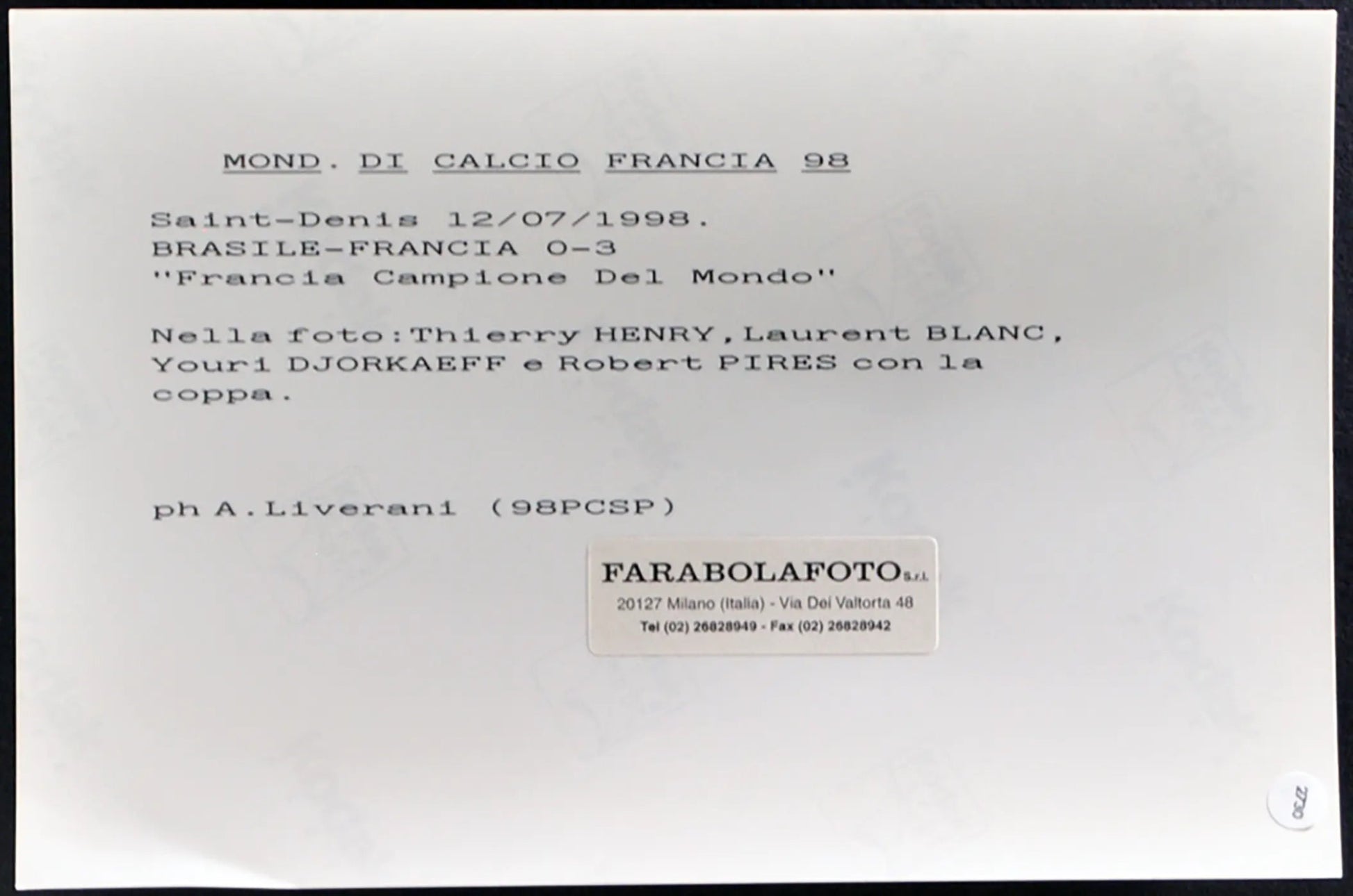 Coppa del Mondo 1998 Francia campione Ft 2730 - Stampa 20x15 cm - Farabola Stampa ai sali d'argento