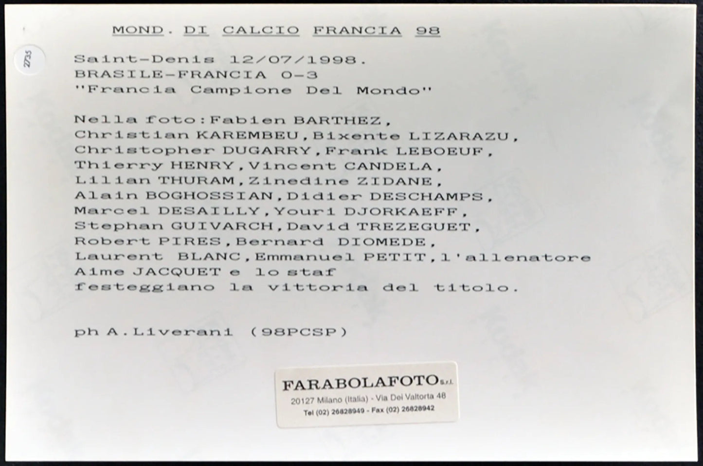 Coppa del Mondo 1998 Francia campione Ft 2735 - Stampa 20x15 cm - Farabola Stampa ai sali d'argento