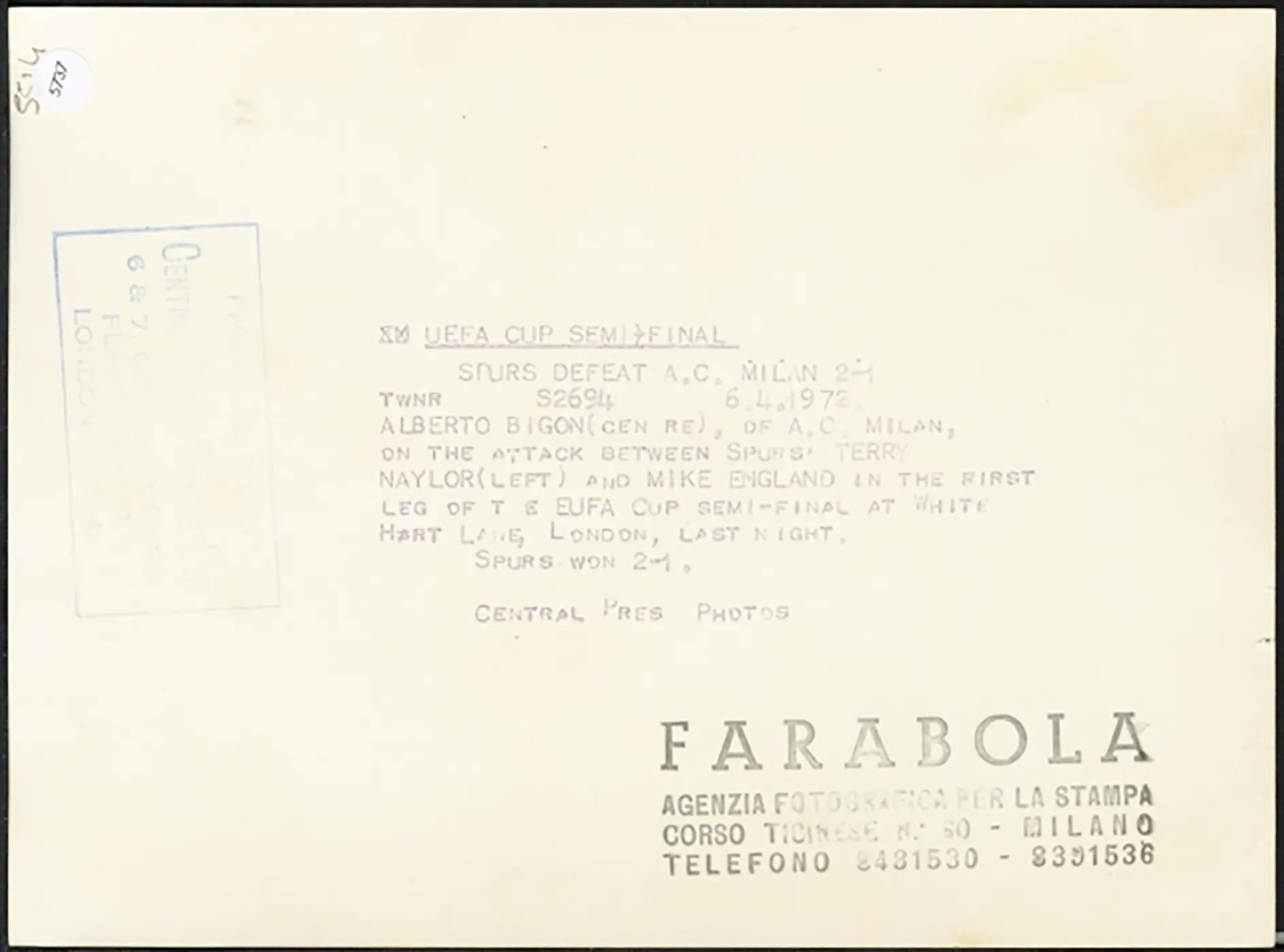 Coppa Uefa Spurs vs Milan 1972 Ft 5737 - Stampa 21x15 cm - Farabola Stampa ai sali d'argento