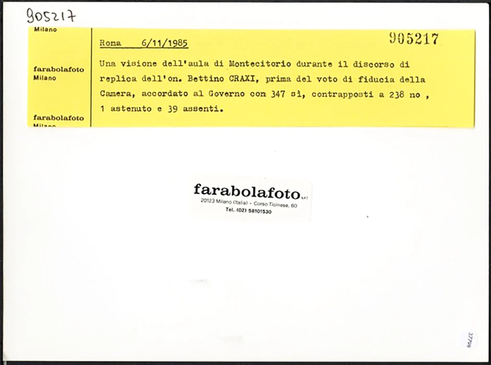 Craxi chiede la fiducia alla Camera 1985 Ft 37798 - Stampa 24x18 cm - Farabola Stampa ai sali d'argento