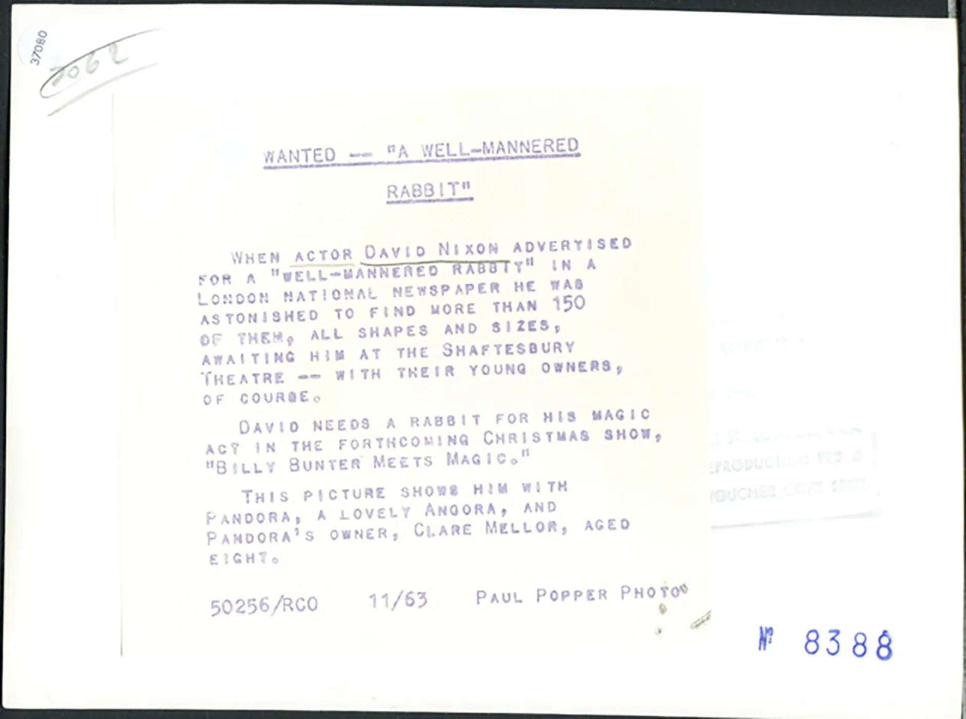 David Nixon con un coniglio 1963 Ft 37080 - Stampa 21x15 cm - Farabola Stampa ai sali d'argento
