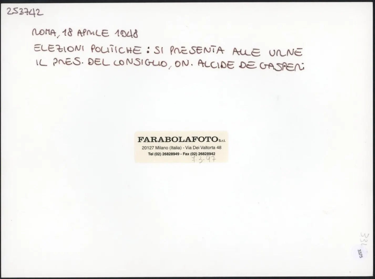 De Gasperi al voto 1948 Ft 3375 - Stampa 24x18 cm - Farabola Stampa ai sali d'argento (anni 90)