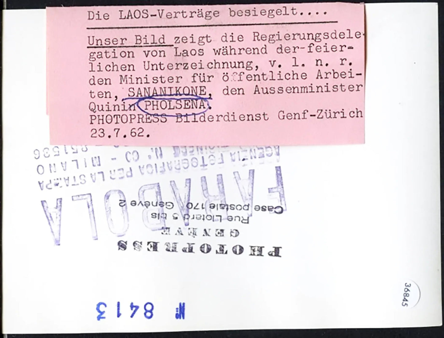 Dichiarazione Neutralità del Laos 1962 Ft 36845 - Stampa 10x15 cm - Farabola Stampa ai sali d'argento