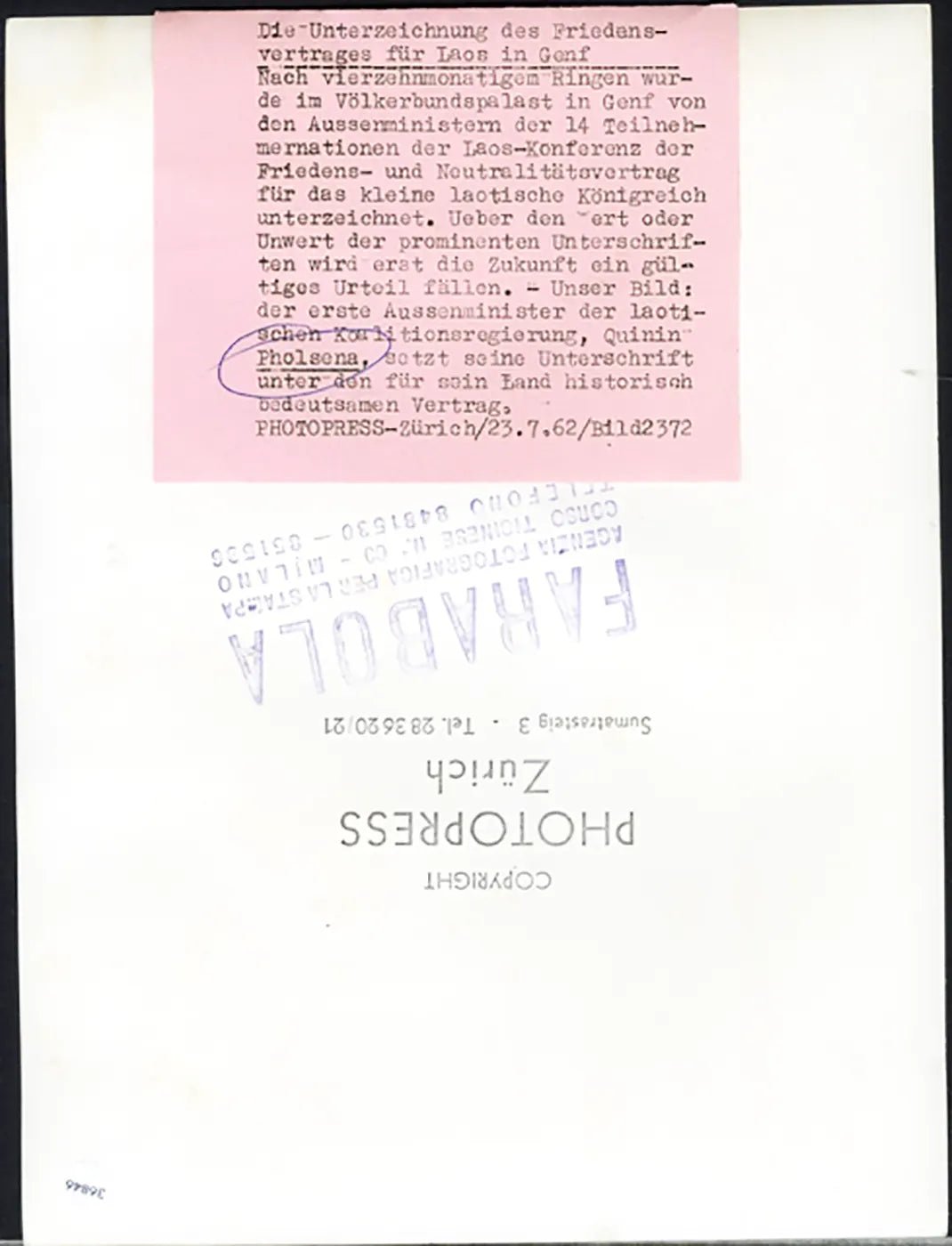 Dichiarazione Neutralità del Laos 1962 Ft 36846 - Stampa 24x18 cm - Farabola Stampa ai sali d'argento