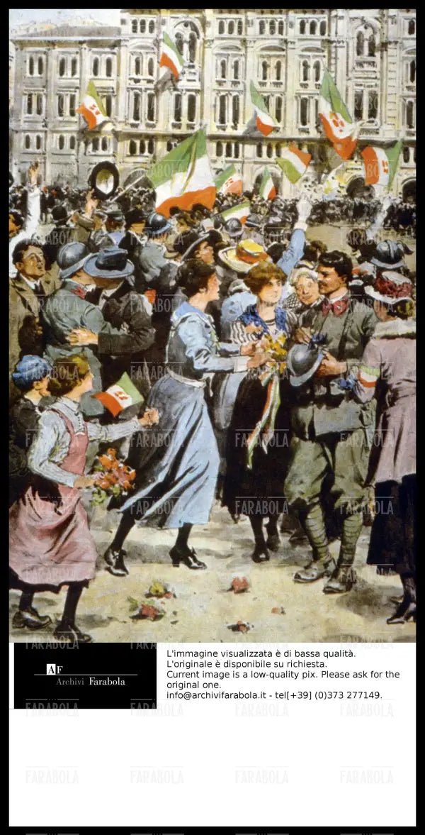 Disegno che raffigura le truppe italiane che entrano a Trieste, 1918 - Farabola Immagine digitale