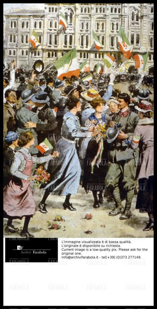Disegno che raffigura le truppe italiane che entrano a Trieste, 1918 - Farabola Immagine digitale