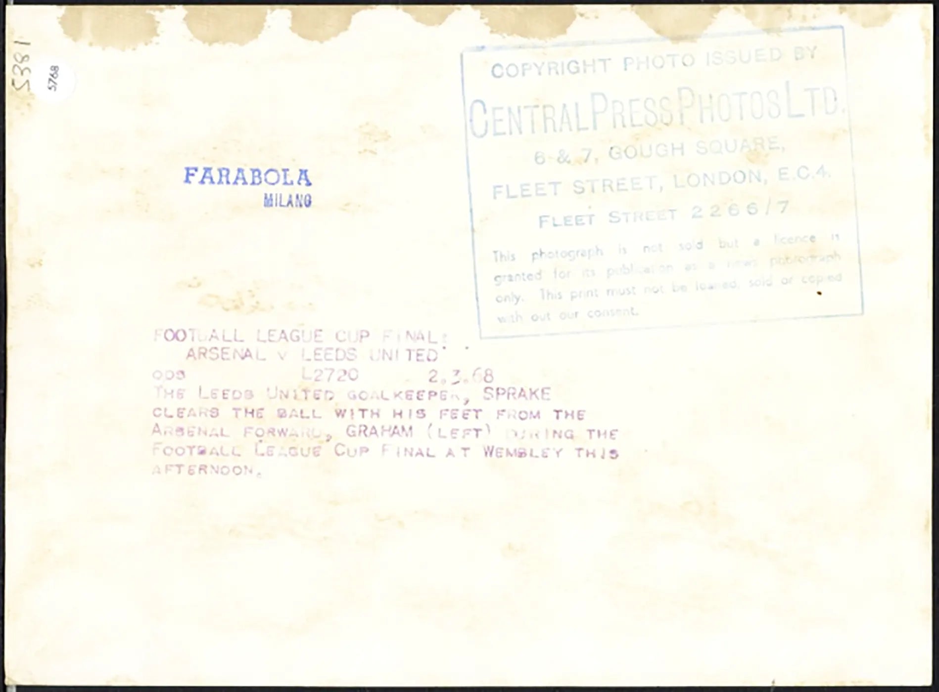 FA Cup Leeds vs Arsenal 1968 Ft 5768 - Stampa 20x15 cm - Farabola Stampa ai sali d'argento
